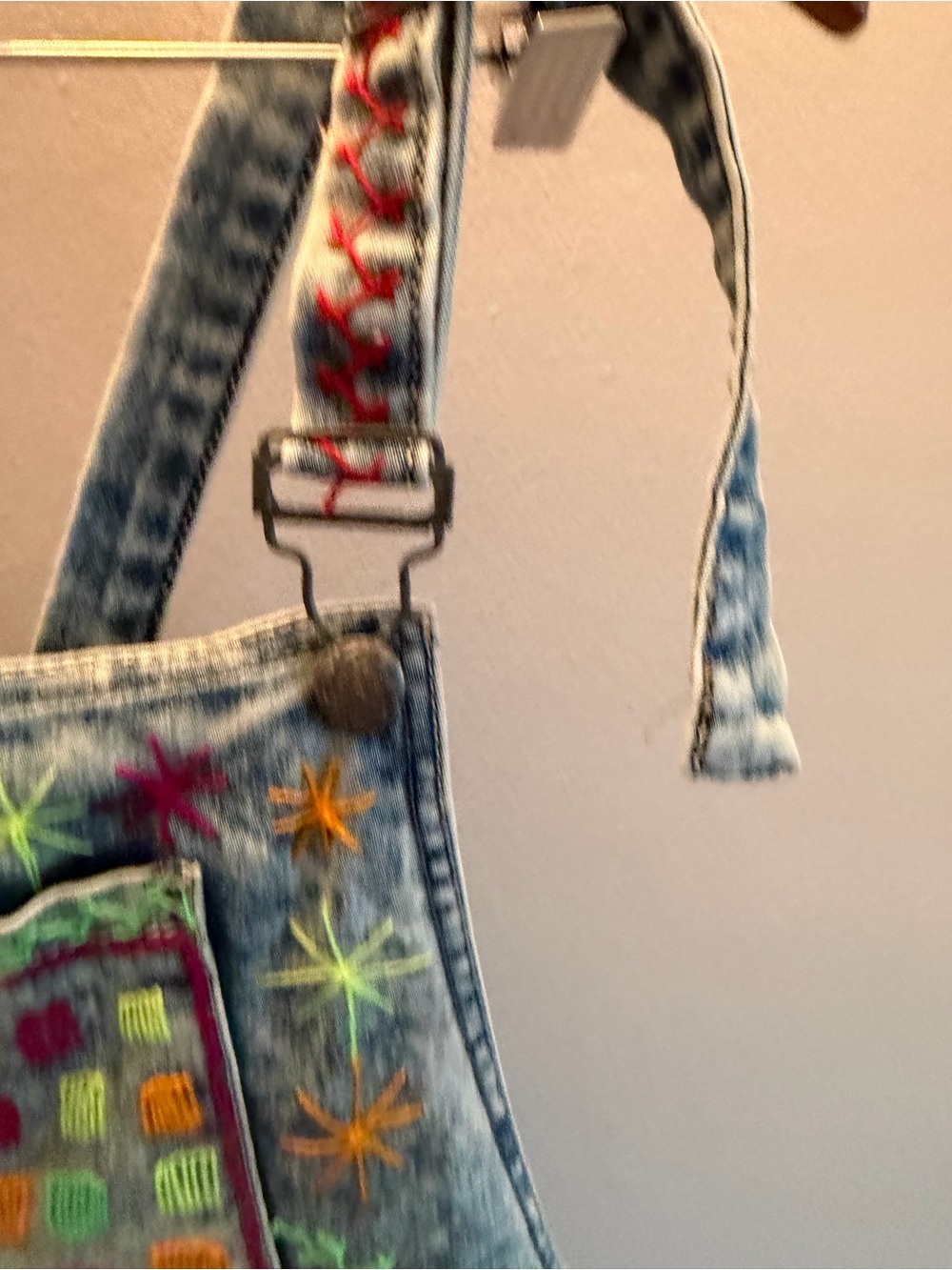Custom Hand Embroidered Denim Overalls Light Wash Acid Jeans Neon Folk Art Style - Picture 7 of 11